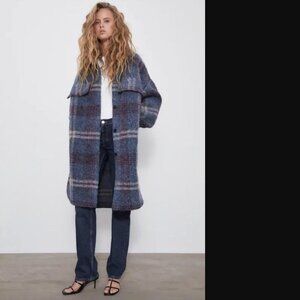 Zara Women Plaid Print Long Wool Overshirt Coat Size M NWOT